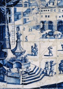 Pormenor azulejo Hospital Real de Todos os Santos. Mestre P.M.P. Inícios séc. XVIII. Museu de Lisboa, Palácio Pimenta.