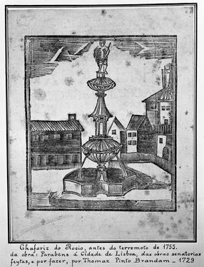 Estampa da obra “Parabens à cidade de Lisboa, das obras senatorias feytas, e por fazer”.Tomás Pinto Brandão. 1729.