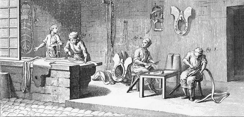 Oficina de correeiro. Gravura Francesa. Século XVIII