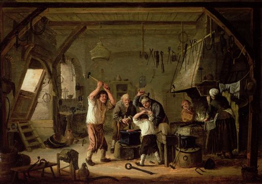 Interior de uma oficina de forja, Cornelis Beelt, c.1700 Pintura, coleção Adolphe Schloss, RKD:25121, Frans Hals Museum, Haarlem, Países Baixos
