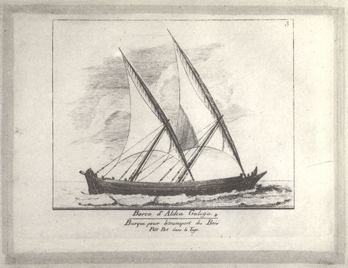 Barca d'Aldea Galega [Montijo] para transporte de madeiras. Souza, J. de. Caderno de Todos os Barcos do Tejo (...), Desenhos de Ramalho S. (1785), CML, 1982
