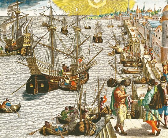 Departure from Lisbon for Brazil the East Indies and America illustration from Americae Tertia Pars 1592. Theodore de Bry.