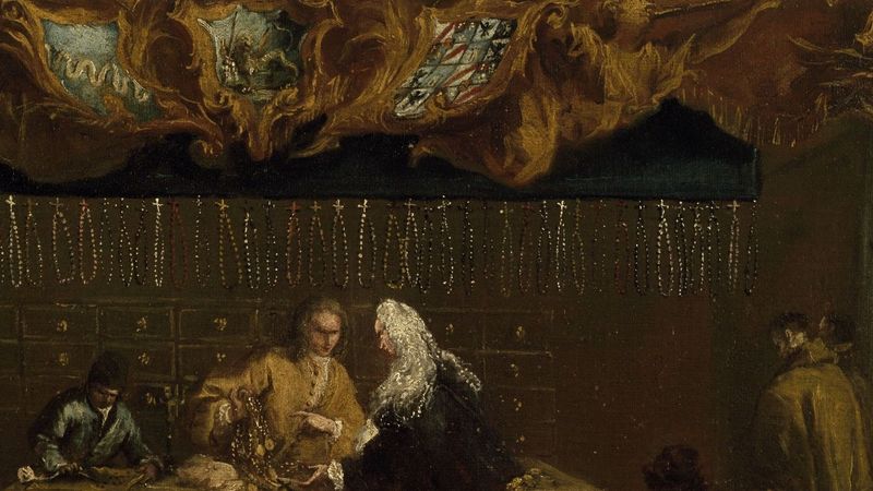 Insegna dell'arte dei Coroneri. Pormenores. Francesco Guardi. 1750. Ca' Rezzonico, Veneza.