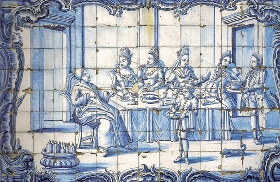 Painel de azulejo alusivo a uma refeição séc. XVIII, Palácio dos Guiões, Lisboa