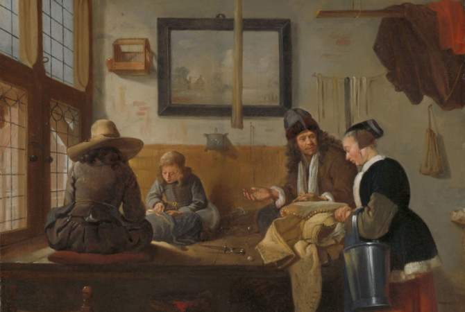 Oficina do Alfaiate,Quiringh_Van_Brekelenman,óleo stela (1661-1662), Rijksmuseum, Amesterdão Oficina do Alfaiate,Quiringh_Van_Brekelenman,óleo stela (1661-1662), Rijksmuseum, Amesterdão