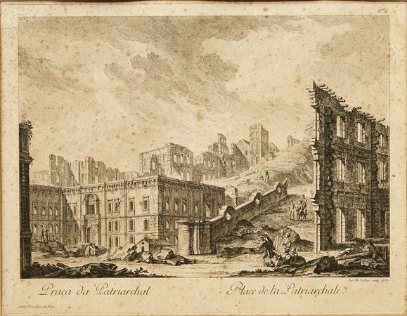 A Praça da Patriarcal. Colecção de algumas ruínas de Lisboa causadas pelo terramoto e pelo fogo do primeiro de Novembro do anno 1755. Jacques-Philippe leBas. 1757.