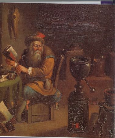 Um alquimista no seu laboratório seguindo as instruções de um livro (...), Museu da Farmácia, Lisboa, Inv. nrº6816