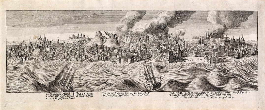 Terramoto de Lisboa, detalhe da gravura Die VerwüstungvonLissabon der haupstadt in Portugal geschehenden 1. Nov. 1755 . Autor desconhecido. Museu de Lisboa / Palácio Pimenta.